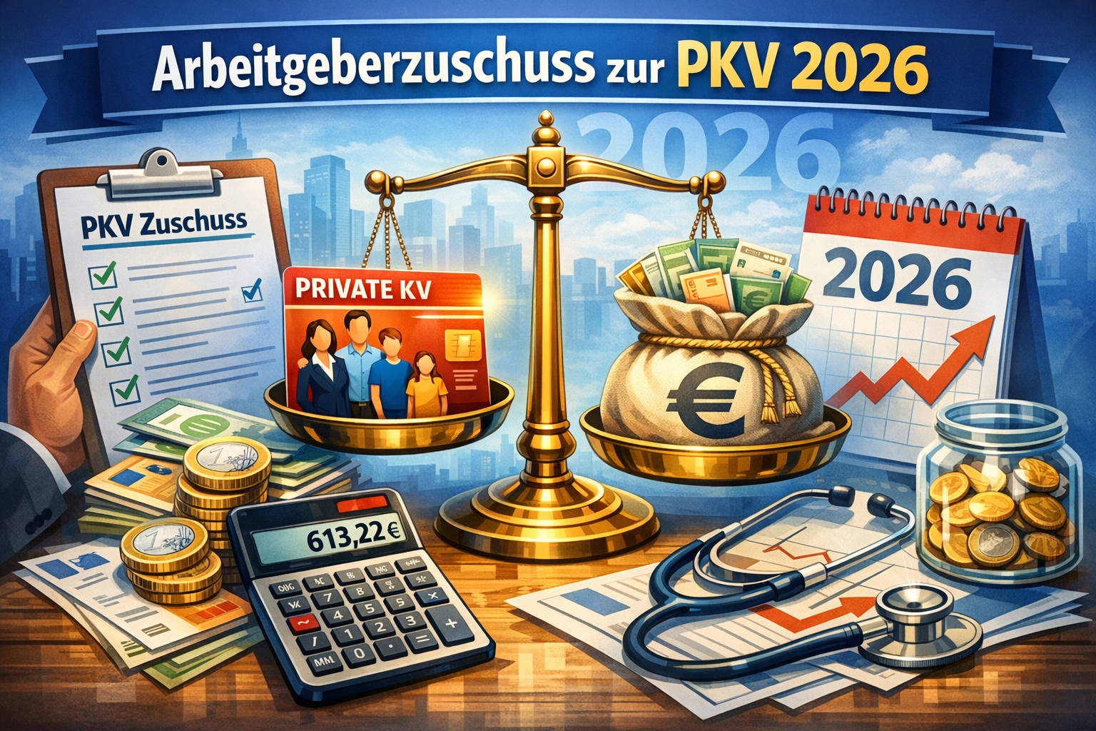Beitragsbild zum Artikel: Arbeitgeberzuschuss zur PKV 2026 – Berechnung, Höhe und was viele nicht wissen