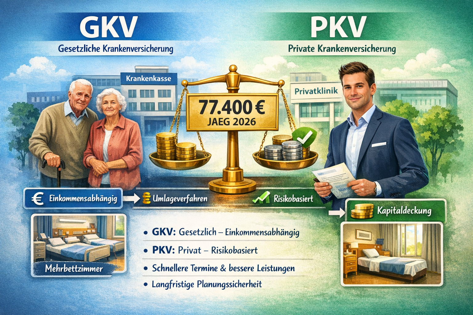 Beitragsbild zum Artikel: GKV oder PKV? Der Systemvergleich 2026 für Ihre Gesundheitsvorsorge